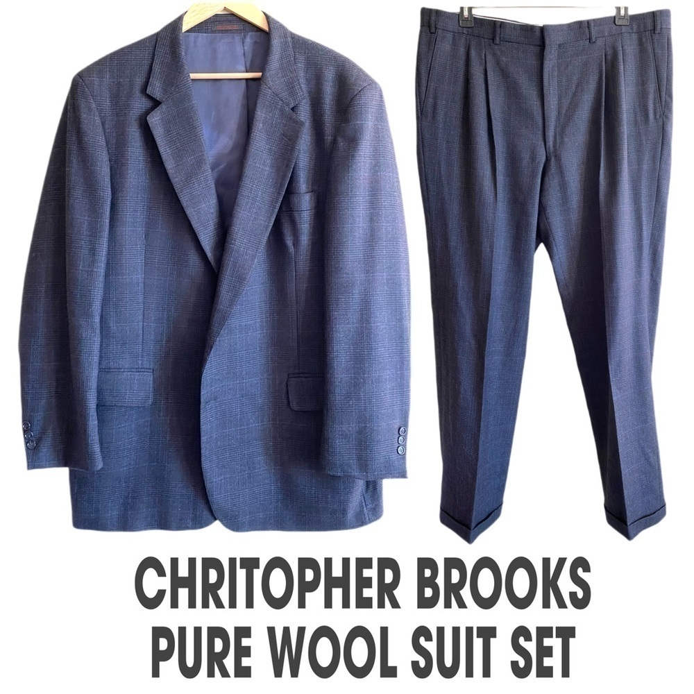 CHRISTOPHER BROOKS 100% Pure Wool Blueish Gray Plaid Suit Set Size 46L